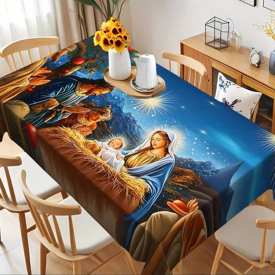 Toalha de mesa religiosa com estampa de presépio e céu estrelado, estilo pintura a óleo, para sala de jantar. Leve e lavável, feita de poliéster, ideal para jantares festivos em ambientes internos e externos. - Multicolorido - Ver 1