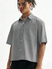 Men's Boxy Oversized Striped Button Up Shirt - màu đen - Xem 7
