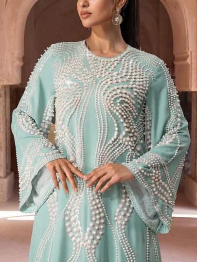 优雅薄荷绿长款珍珠点缀长袍，宽袖端庄阿巴雅，女士奢华卡夫坦长袍，迪拜风格正式礼服，中长款长袍，奢华派对阿巴雅（宽松版型 - 请查看尺码表）春季