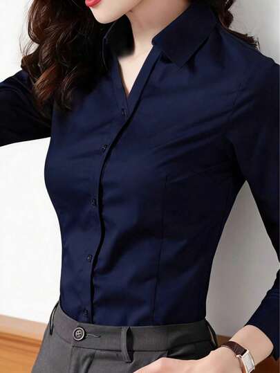 Women's Navy V-Neck Short Sleeve Blouse, Business Professional Formal Wear, Office Work Shirt Spring