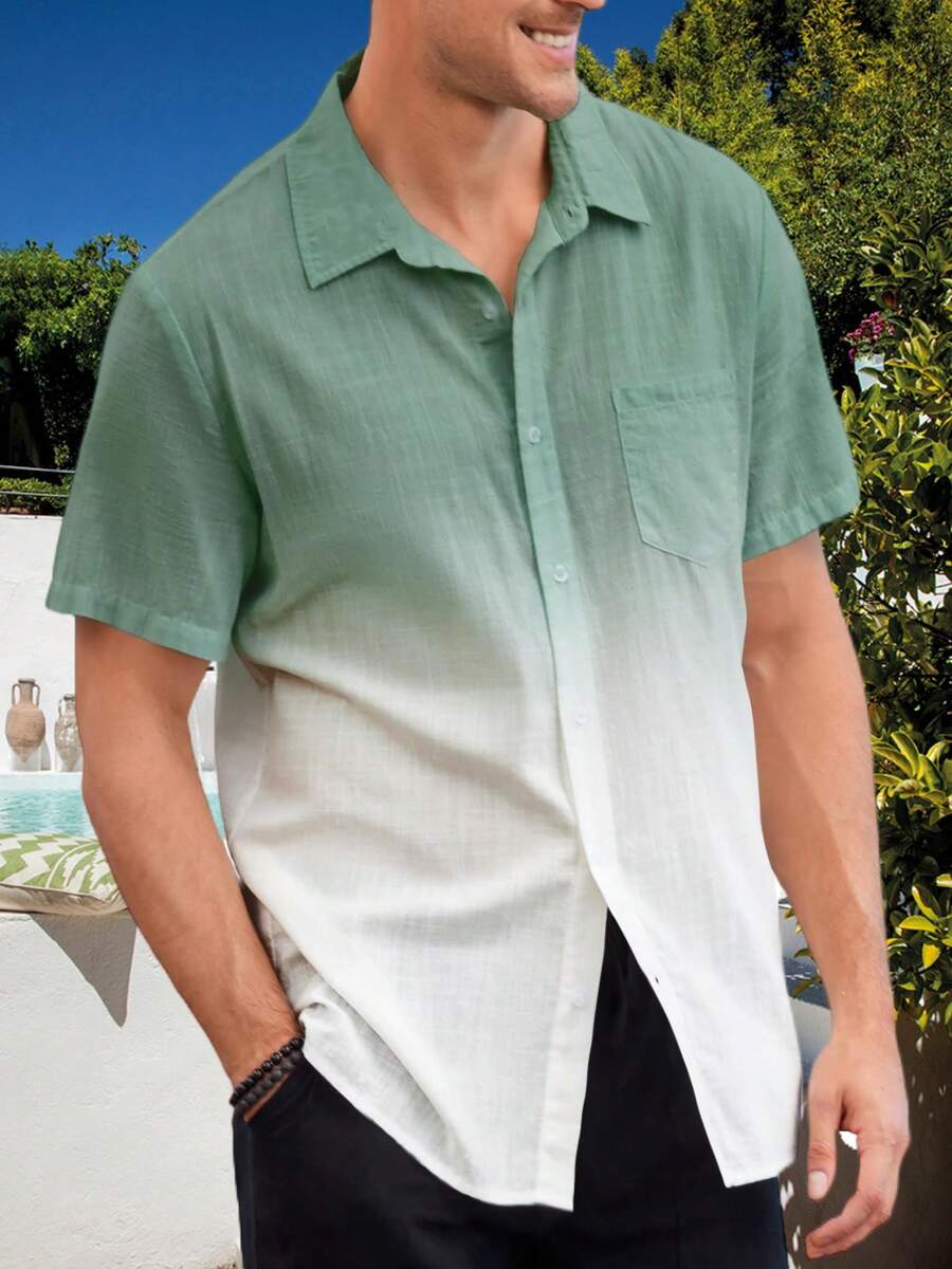 Runcati Mens Gradient Linen Shirts Casual Button Down Short Sleeve Beach Summer Shirts - 軍綠色 - 查看 1