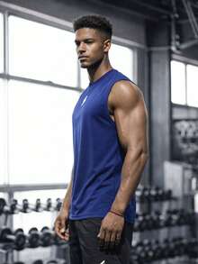 Men's Sleeveless Tank Top, Gym Training Fitness Bodybuilding Workout Vest - Royal Blue - View 3