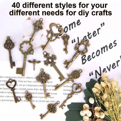 40 piezas de llaves vintage, 40 piezas de alas, set de 30 tamaños de cuerdas de cristal, decoración para bodas y fiestas, adornos colgantes para habitación, accesorios de regalo, decoraciones para fiestas