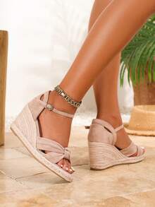 女士厚底坡跟鞋，草编绳厚底高跟鞋，休闲时尚复古简约轻便凉鞋，波西米亚海滩风，春夏款 - 杏色 - 查看 6