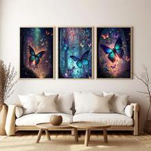 Set de 3 piezas de arte de pared de lienzo con mariposas, diseño de mariposas de bosque soñador, decoración de pared, patrón de mariposas, decoración moderna para el hogar, adecuado para decoración del hogar, decoración de habitación, decoración de dormitorio, decoración de sala de estar, decoración de baño, decoración de pared, arte de pared opcional con marco. - Multicolor - Ver 6