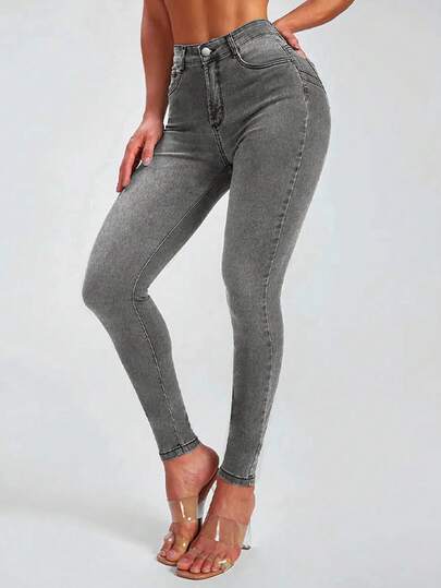 Distressed Wash High Waist Skinny Cropped Jeans, Stretchy Denim Fabric, Suitable For Dates, Outings, Spring/Autumn, Slim & Retro All-Match Style