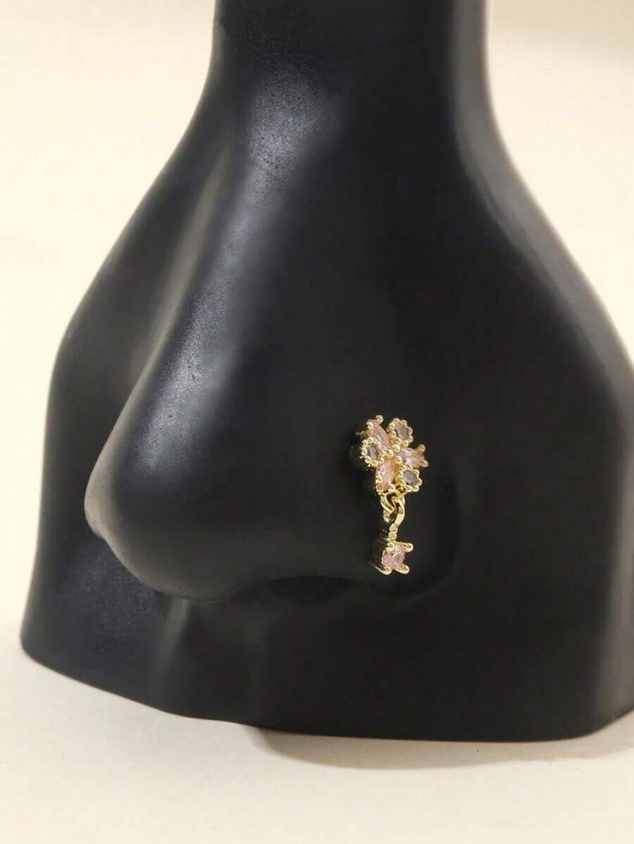 KOEV 1pc L-Shaped Elegant Gold-Tone Tiny Flower Nose Hoop Piercing With Pendant Valentines,Mom,Mother,Mother's Day,Gift - 銀色 - 查看 1