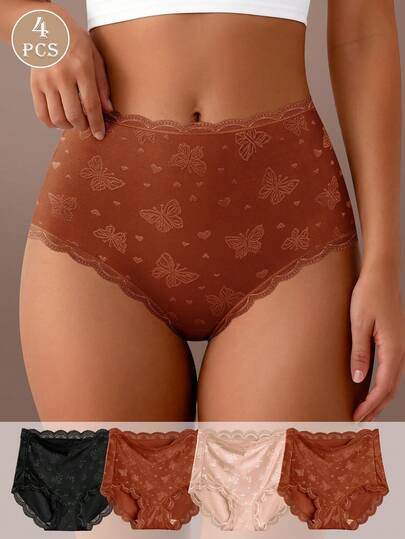 MEIYATING 4pcs Women's Lace Trim Soft & Comfortable Breathable Hipster Panties