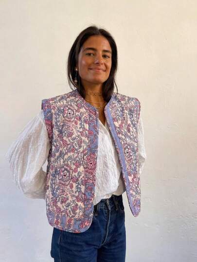 Damen Lässige elegante Mode lose bedruckte Urlaubsstil gesteppte ärmelloser Cardigan Weste, geeignet für Musikfestivals/Hochzeitssaison, Frühling/Sommer