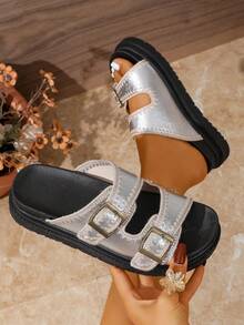 Latest Fashion Solid Color Thick Sole Sandals For Women, Suitable For Beach, Outing, Dating, Vacation, Party, Spring/Summer - Silver - View 2