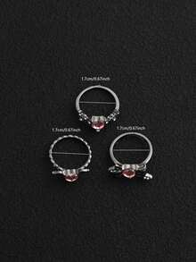 3pcs Dark Wings, Pink Rhinestone Heart & Bow Rings For Women