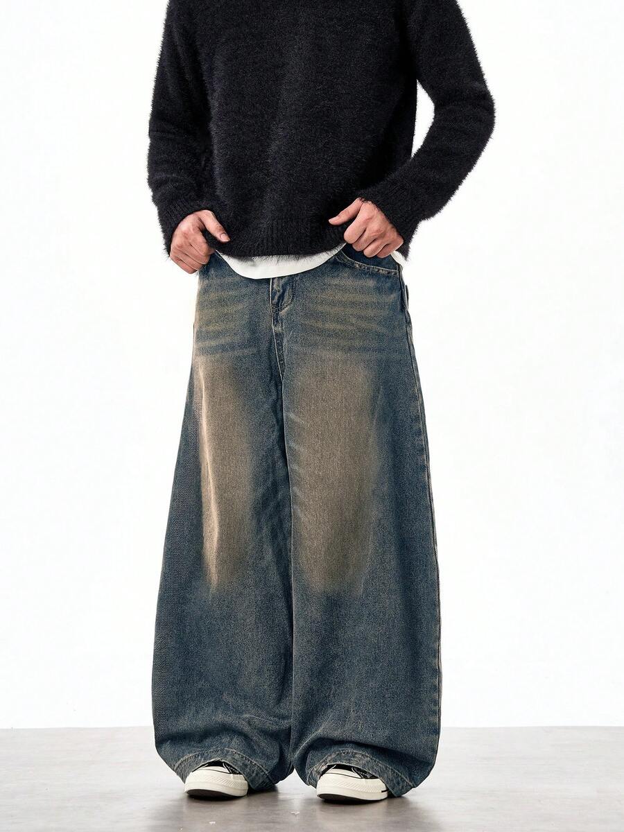 1 buah Celana Jeans Pasangan Kasual Serbaguna Justice Brother Model Longgar dengan Potongan Lebar dan Tampilan Vintage Usang - Dusty Blue - View 1