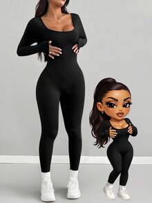 AITYI Studio Women's Jumpsuit, Slim Fit, Casual U-Neck Solid Color Design, Fashionable And Sexy Slim Fit, Comfortable For Outdoor Sports, Versatile And Practical, Suitable For Graduation Ceremony, New Year, Valentine's Day, Autumn/Winter Season. Elastic Knit Long Sleeve Slim Fit Jumpsuit - Black - View 2