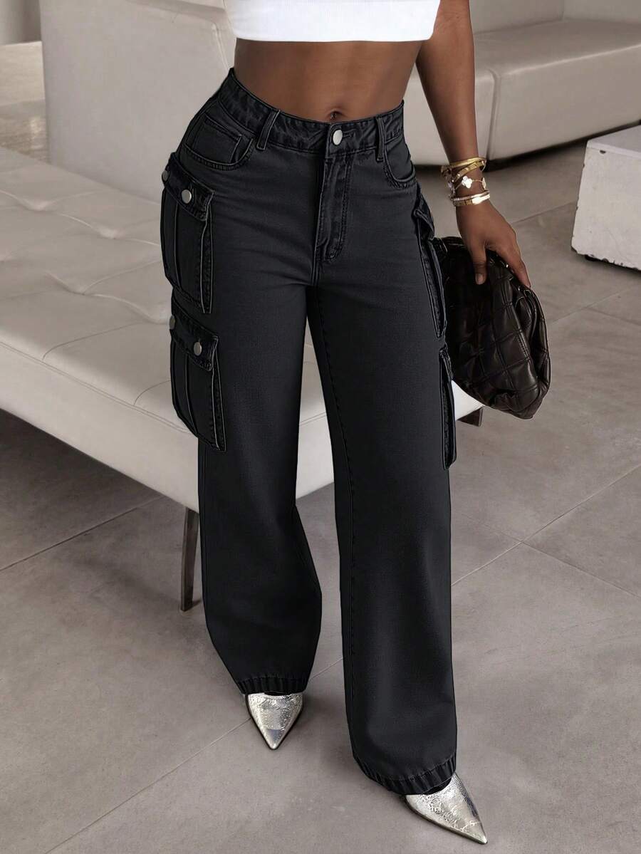 Women's High-Waisted Straight Leg Jeans With Pockets - Classic Washed Comfortable Fit Casual Everyday Jeans - Black - View 1