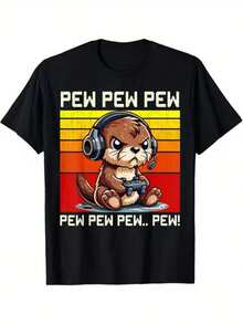 Camiseta de hombre y mujer, divertida, retro, de videojuegos, camiseta de nutria, vintage, arcade, texto Pew, camiseta de algodón, streetwear, oversize, cuello redondo, manga corta - Negro - Ver 9