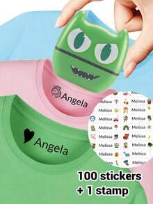 LICVIC 1 pieza Sello + 100 piezas Etiquetas con nombre - Sello de nombre personalizado para ropa de niños, resistente al agua, útiles escolares, sello de nombre personalizado con firma manuscrita, sello de ropa personalizado, sello de nombre de tinta de dibujos animados DIY, uso empresarial, útiles escolares, regalo de papelería para estudiantes, editor, moda de regreso a la escuela, organizador de viajes - Estilo A - Ver 20