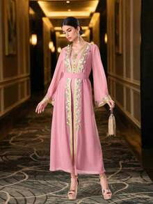 两件套女士阿拉伯传统长袖长袍和无袖连衣裙套装 - 粉色 - 查看 6