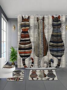 1/4pcs Vintage Cat Print Shower Curtain Set, Includes Bath Mat, U-Shaped Rug, Toilet Lid Cover, High Quality Shower Curtain With 12 Durable Hooks, Premium Bathroom Decor & Accessories, Suitable For All Scenarios - Multicolor - View 5