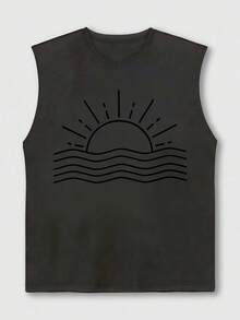 1pc Men's Summer Sun Print Casual Round Neck Tank Top - Dark Grey - View 3