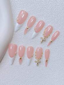 10片装Y2K美甲尖头按压式美甲套装 - 手工制作，粉色美甲，白色美甲，白色法式美甲，手工3D仿珍珠链，手绘3D水滴图案设计，闪亮金色十字架和金色星星点缀，精致优雅美甲用品手工按压式美甲 - 彩色 - 查看 10