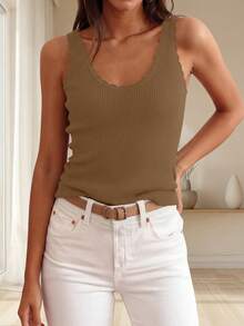 Womens Summer Sleeveless Tank Tops V Neck Ruffle Lightweight Ribbed Knit Shirt Casual Going Out Top - 卡其色 - 查看 6