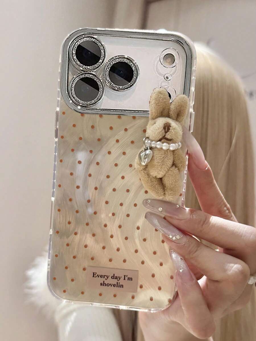 Cute 3D Rabbit Polka Dot Feather Yarn Pattern Phone Case Compatible With IPhone 17 ProMax 17Pro 17 16 15 14 13 12 11 Pro Max Cases Creative Shockproof Bumper Cover - Gold - View 1