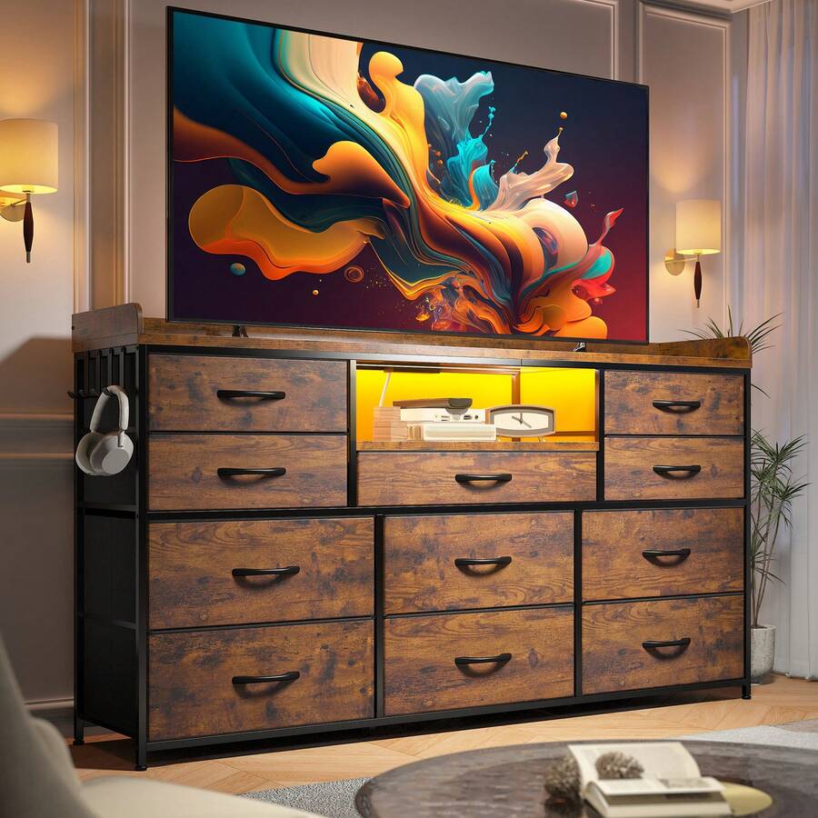 EnHomee Dresser For Bedroom With 11 Drawers 60" TV Stand With LED Lights & Charging Station Long Dresser With Shelves & 4 Hooks,Sturdy Metal Frame & Fabric Drawers - 查看 1