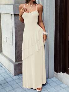 Robe maxi femme Vaiaye, style tropical hawaïen bohème pour vacances à la plage. Couleur unie, élégante, avec bretelles spaghetti, dos nu et fente haute. Convient pour la Saint-Valentin - Nude - Voir 6