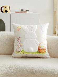 1pc Easter Bunny Applique Embroidered Gray & White Decorative Pillow Cover, Paired With Classic Matching Pom Pom Tail, Suitable For Easter Home Decor In Living Room, Sofa, Dining Chair, Bed, Pillow Insert Not Included - Multicolor - View 11