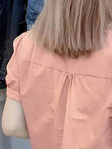女士宽松休闲中国风纽扣衬衫，纯色夏季粉色 - 粉色 - 查看 5