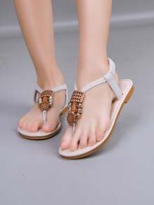 1 Pair Girls Flat Sandals, 2026 New Bohemian Style Simple Thong Sandals, Quick-Drying Beach Sandals For Daily & School Wear - White - View 3