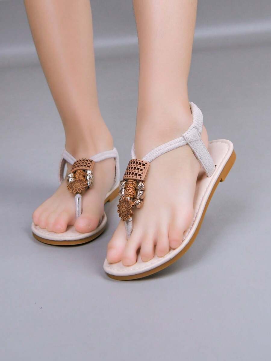 1 Pair Girls Flat Sandals, 2026 New Bohemian Style Simple Thong Sandals, Quick-Drying Beach Sandals For Daily & School Wear - White - View 1