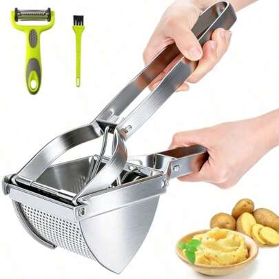 Heavy-Duty Professional Multifunctional Potato Ricer Masher With Peeler & Brush - Stainless Steel Food Press, Capacity Mincer For Mashed Potatoes, Food, Fruit/Vegetable Puree - & Dishwasher - Ideal For