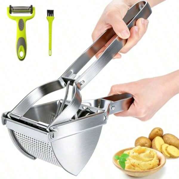 Heavy-Duty Professional Multifunctional Potato Ricer Masher With Peeler & Brush - Stainless Steel Food Press, Capacity Mincer For Mashed Potatoes, Food, Fruit/Vegetable Puree - & Dishwasher - Ideal For