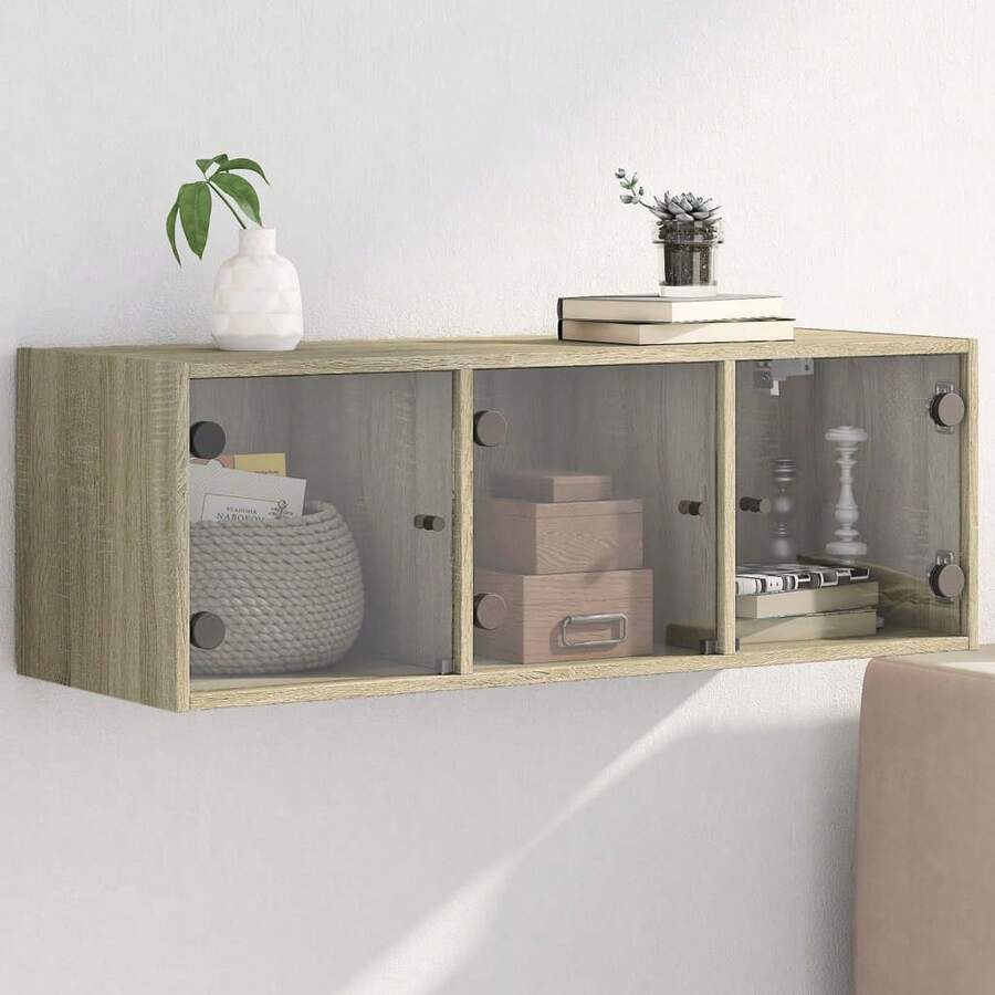 vidaXL Armoire murale avec portes et verre chêne sonoma 102x37x35 cm - Tabac - Voir 1