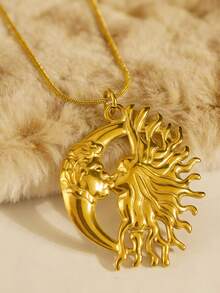 MECYLIFE 1pc Stainless Steel Sun & Moon Pendant Necklace, Personalized Kissing Couple Necklace, Minimalist Design For Women, Valentine's Day Gift - Yellow Gold - View 5