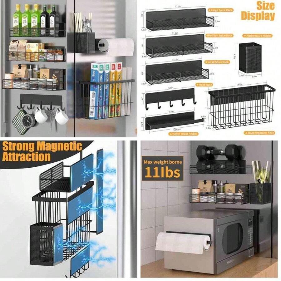 Estante magntico para especias para refrigerador, paquete de 2 estantes magnticos 100% metal, organizador de especias que ahorra espacio con ganchos, estante magntico mvil para nevera - amarillo+paquete de 2 - Ver 1