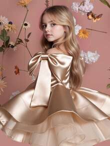 Young Girl Gold Bow Tulle Elegant Party Dress, Princess Dress Suitable For Girls Birthday Party, Wedding Flower Girl, Prom, Luxury Evening Gown, Easter, Graduation - Gold - View 2