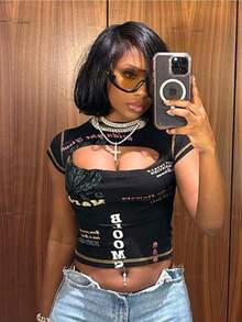 Women's New City Style Hottie Fashion Versatile Top: Crew Neck Letter Print Sexy Hollow-Out Short-Sleeve T-Shirt - 黑色 - 查看 1