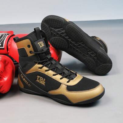 Zapatos de boxeo para hombres, zapatos de artes marciales, zapatos de lucha, zapatos de pelea de caña alta para hombres, zapatos de boxeo, zapatos de entrenamiento, botas, zapatos de boxeo Muay Thai, zapatos de kickboxing fitness, zapatos deportivos profesionales de alta calidad para hombres, cómodos, antideslizantes, resistentes al desgaste y transpirables con soporte de tobillo texturizado