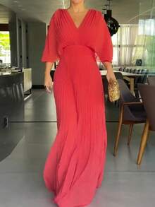 Dresses For Women,Women's Fashionable And Elegant Solid Color Pleated V-Neck Batwing Sleeve High Waist Full Skirt Long Dress - 紅色 - 查看 2