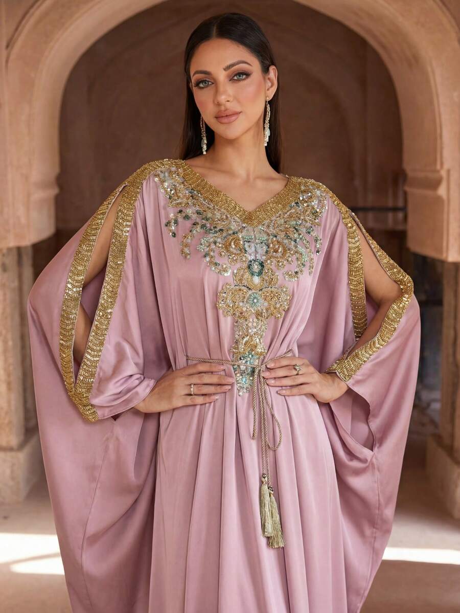 奢华粉色缀饰长袖卡夫坦长袍，优雅中东风格，阿拉伯女士长袍，阿巴雅，端庄优雅