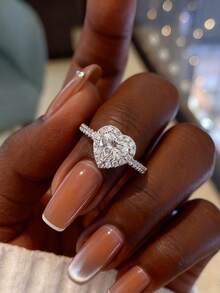 1 pieza Anillo ajustable con forma de corazón de moda, adecuado para uso diario de mujeres, joyería de compromiso y boda como regalo - Plateado - Ver 4
