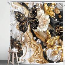 Duschvorhang mit schwarz-goldener Marmorstruktur, Schmetterling Rose Blumen Perle abstrakte moderne Aquarellstruktur, elegantes fließendes goldenes ästhetisches wasserdichtes Polyestergewebe, perfekt für Badezimmer, Badewanne, Dekoration, Zuhause, Hotel, Resort, Geschenke - Verschiedenfarbig - Übersicht 1
