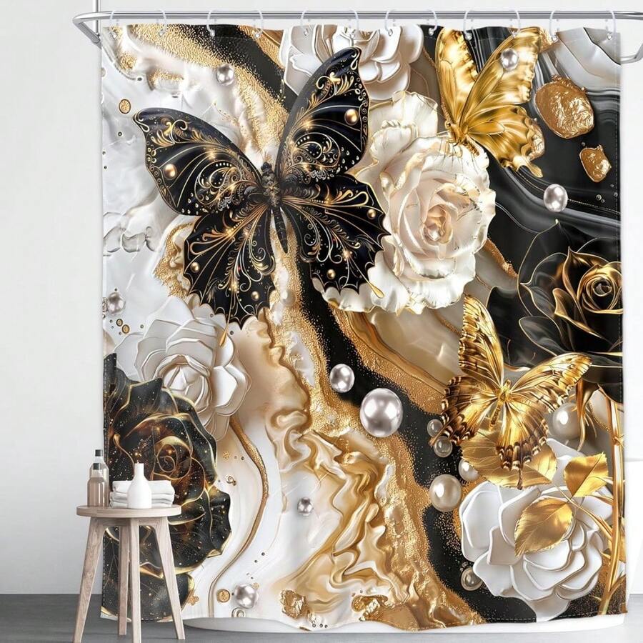 Duschvorhang mit schwarz-goldener Marmorstruktur, Schmetterling Rose Blumen Perle abstrakte moderne Aquarellstruktur, elegantes fließendes goldenes ästhetisches wasserdichtes Polyestergewebe, perfekt für Badezimmer, Badewanne, Dekoration, Zuhause, Hotel, Resort, Geschenke - Verschiedenfarbig - Übersicht 1
