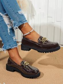 Women's Comfortable Slip-On Leather Loafers, Chunky Heel Oxford Shoes, Retro Platform Round Toe Oxfords, Suitable For Music Festivals, Halloween, Christmas - Coffee Brown - View 5