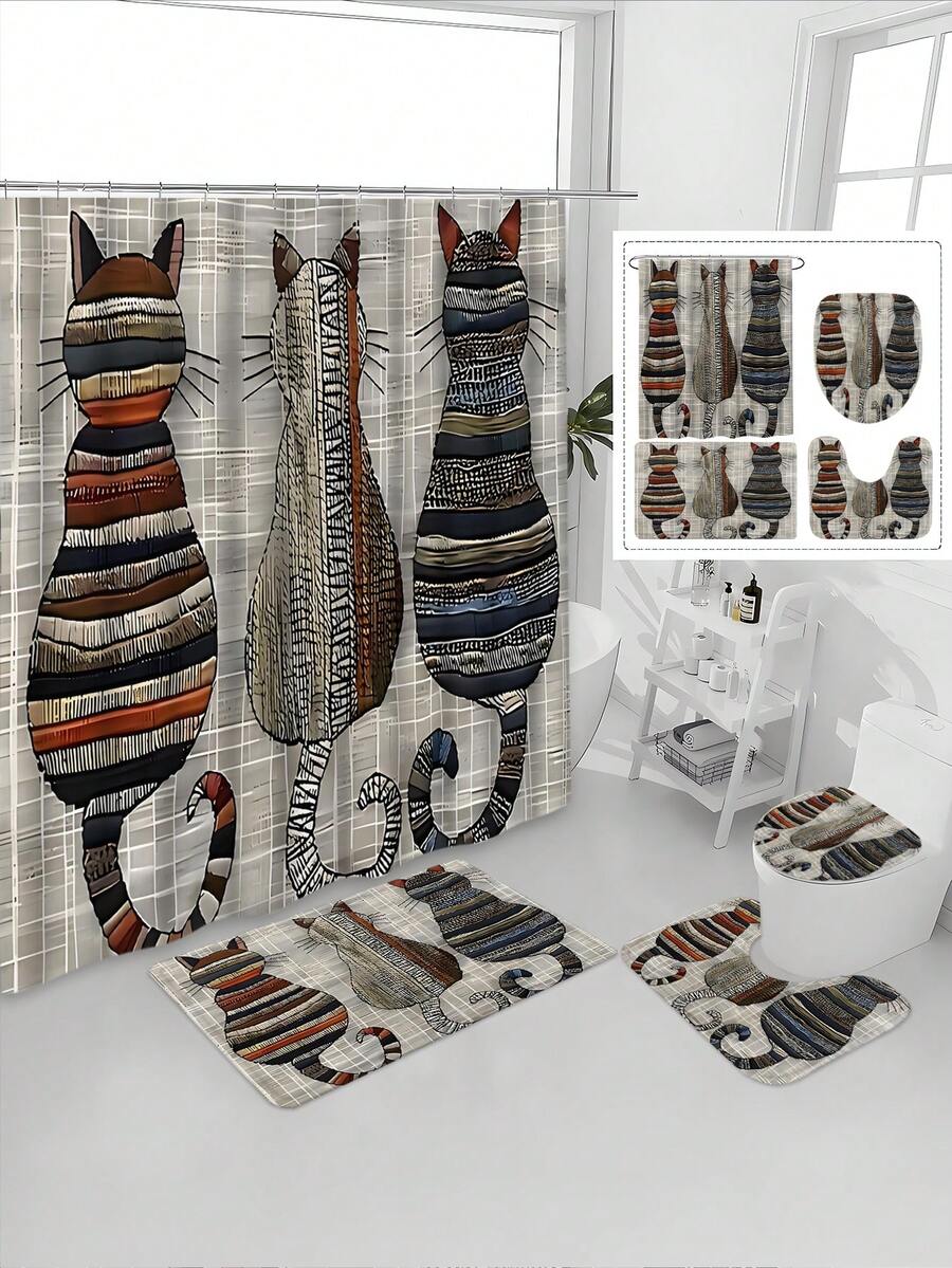 1/4pcs Vintage Cat Print Shower Curtain Set, Includes Bath Mat, U-Shaped Rug, Toilet Lid Cover, High Quality Shower Curtain With 12 Durable Hooks, Premium Bathroom Decor & Accessories, Suitable For All Scenarios