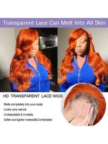 YGQWD 34 Inch Ginger Orange Body Wave 13X4 Lace Front Wigs Pre Plucked 200% Density Soft And Thick #350 Colored Lace Frontal Wig Human Hair Blended Hair For Women High Quality Wig Matches All Skin Tones Natural Looking Halloween Accessories Valentine's Day Gifts For Women - S350 - 查看 4
