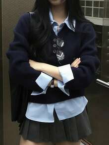 Autumn/Winter Sweater Design Layered Long Sleeve Knit Sweater - Navy Blue - View 11