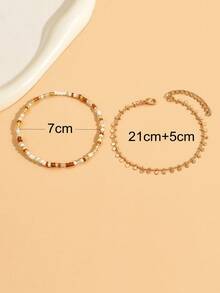 2pcs/Set Beach Vacation Style Pearl Beaded Chain Anklet (Handmade, Round Pendant Bracelet Random) - Brown - View 4